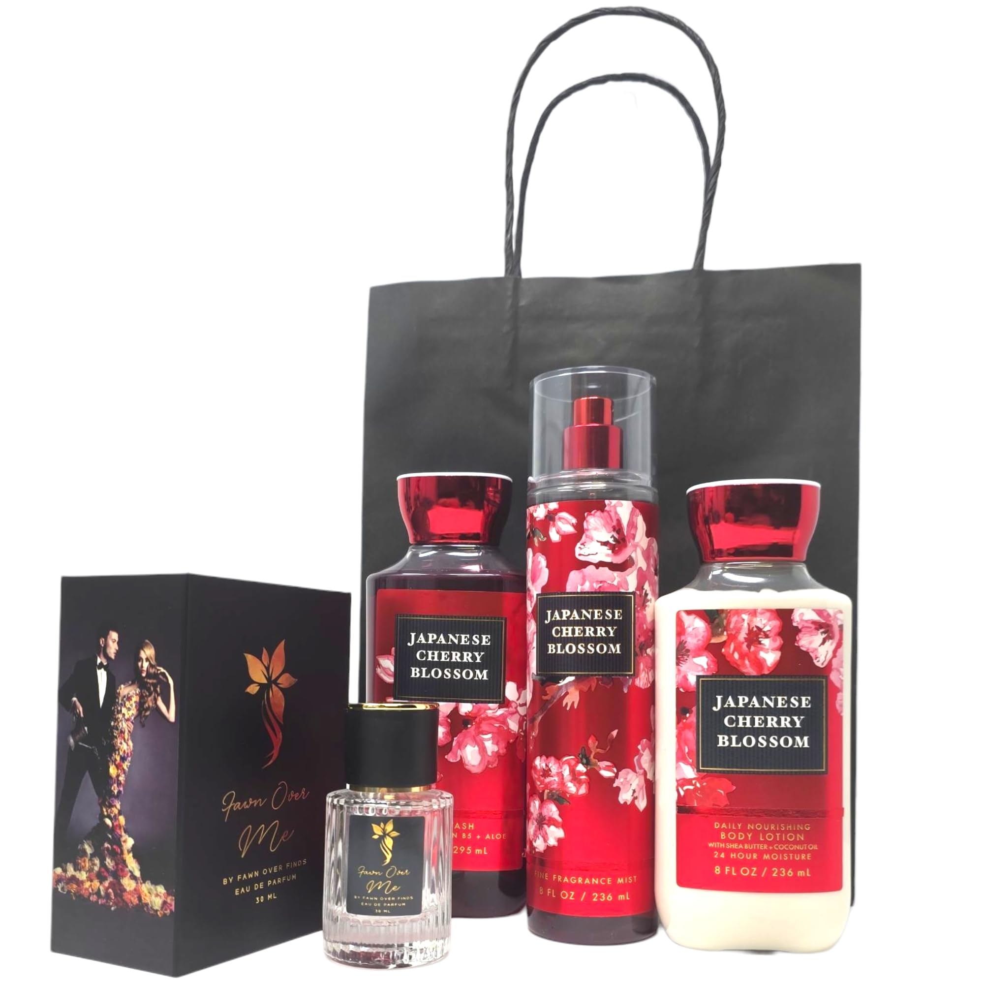 Bath and Body Japanese Cherry Blossom Trio Gift Set with Fawn Over Me Perfume and Gift Bag