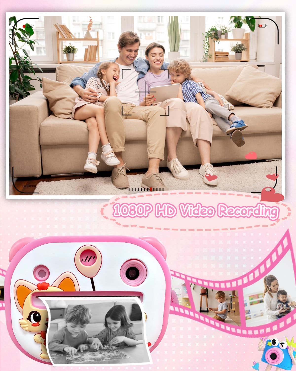 Kids Camera Instant Print,Instant Camera with Silicone Cover,1080P HD Dual-Lens Selfie Digital Cameras with 4 Rolls Paper & 32GB Card,Christmas Birthday Gifts for Toddler Teenagers Age 3-14 Pink - Image 8