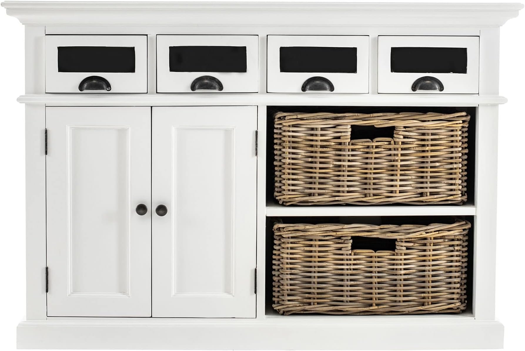 NovaSolo Halifax Pure White Mahogany Wood Sideboard Dining Buffet With Storage, 4 Drawers And 2 Rattan Baskets