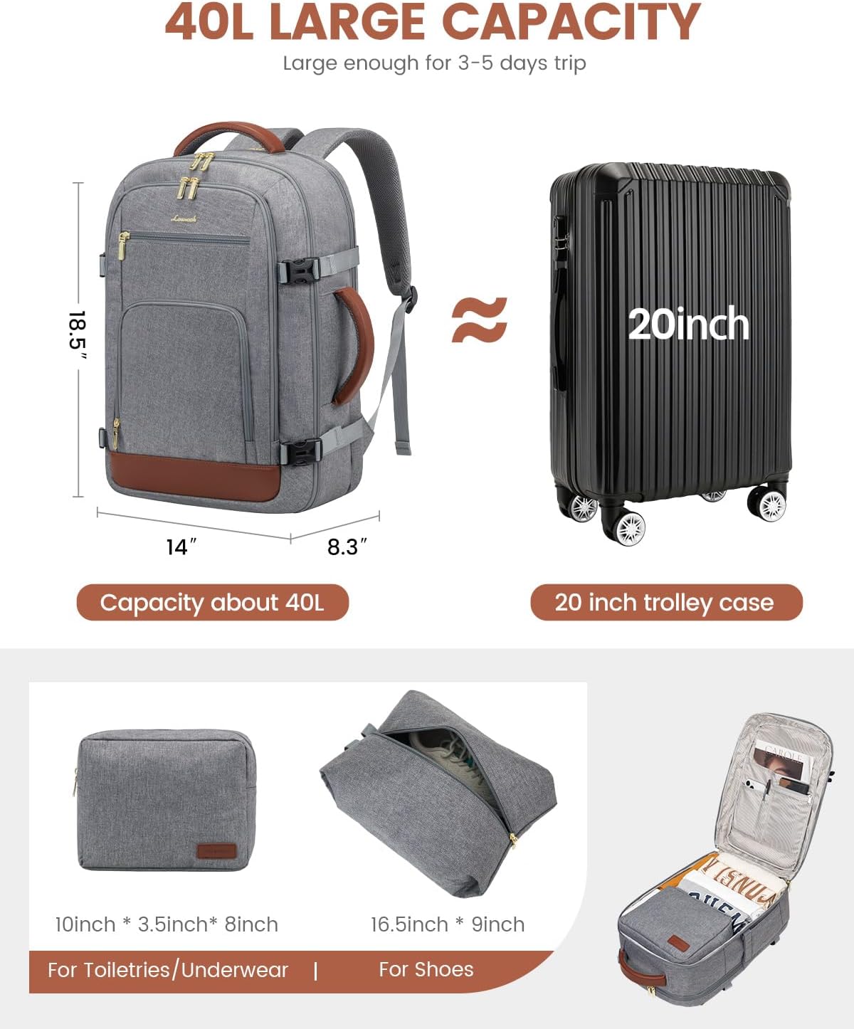 LOVEVOOK Carry On Travel Backpack For Women Flight Approved, 40L Large Personal Item Backpack Travel Bag for Airplanes, Business 17 Inch Laptop Backpack, Weekender Overnight Daypack, With 2 Cubes - Image 2