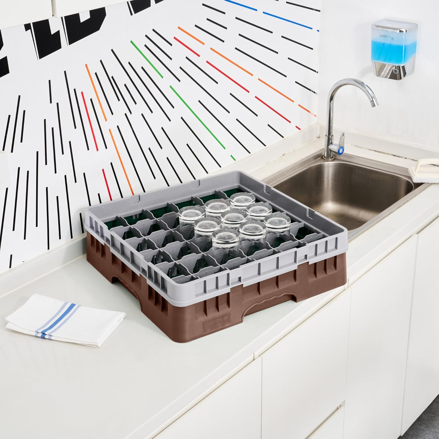 Restaurantware-Clean Tek Professional 36-compartment Glass Rack, 1 Heavy Duty Rack - With 1 Full Drop Extender, Brown Glass Organizers For Restaurants, Bars, Pubs, Cafeterias, and Home Kitchens