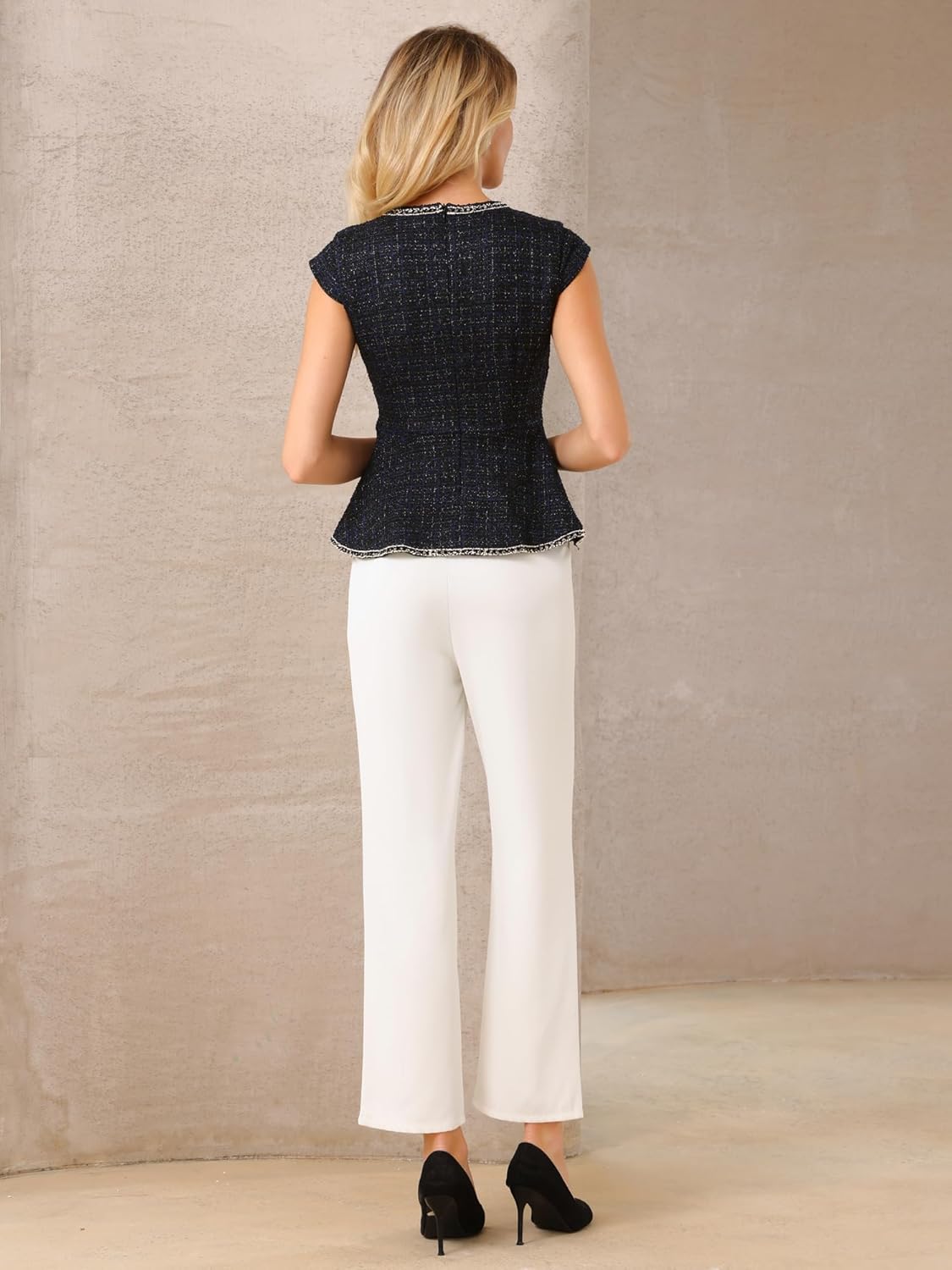 Women's Elegant Tweed Top Crew Neck Cap Sleeve Business Office Peplum Blouse Tops - Image 5