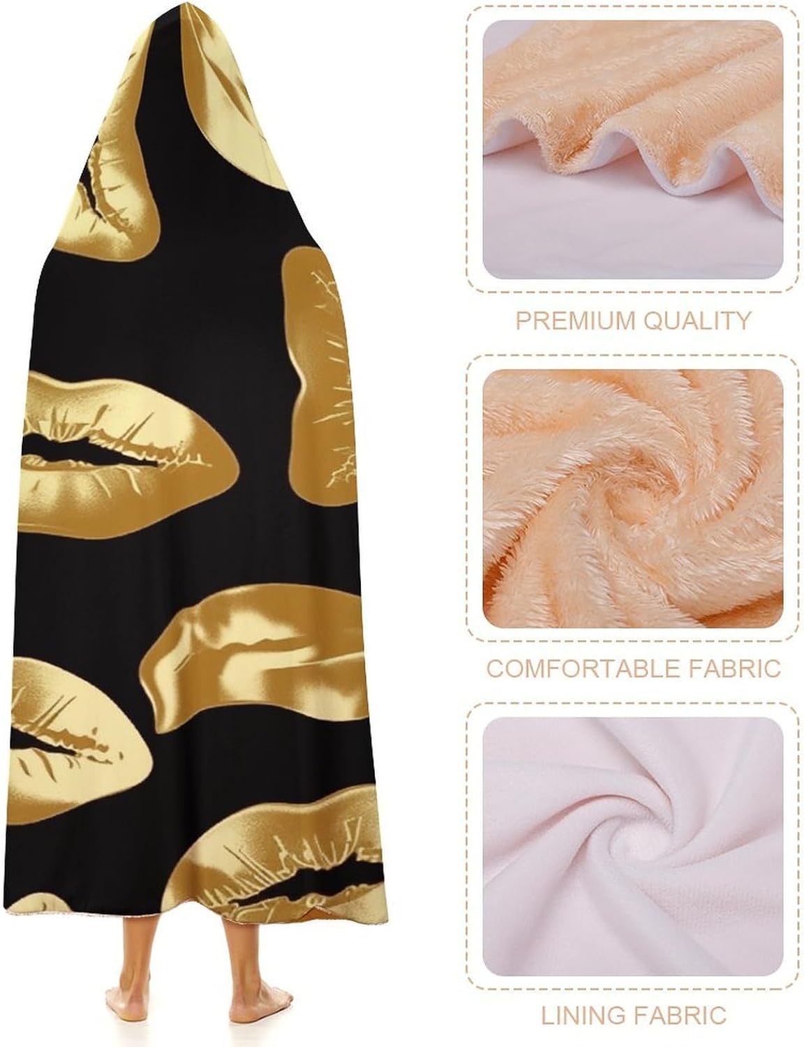 Gold Lips Hooded Blanket Cozy And Functional,Wearable Blanket Hoodie for Women Men,Blanket Poncho Presents60 x80