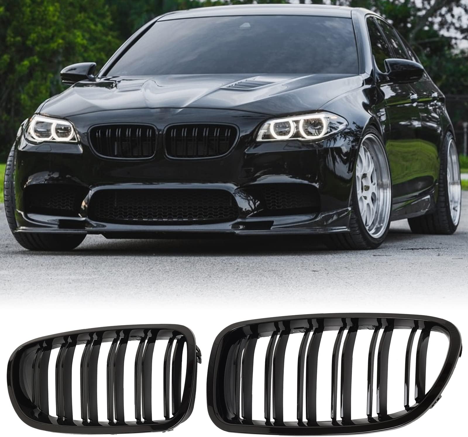 F10 Grille - Front Kidney Grille Double Slats Glossy Black Compatible with 2010-2017 BMW 5 Series F10 F11 F18 Sedan 520i 528i 535d 535i 550i 520i - ABS Gloss Black Kidney Grill