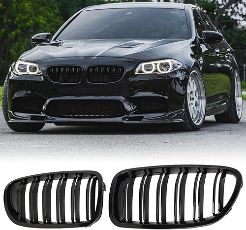 Rejilla frontal F10 para riñón con doble listón, color negro brillante, compatible con BMW Serie 5 2010-2017, F10, F11, F18, Sedan 520i, 528i, 535d,