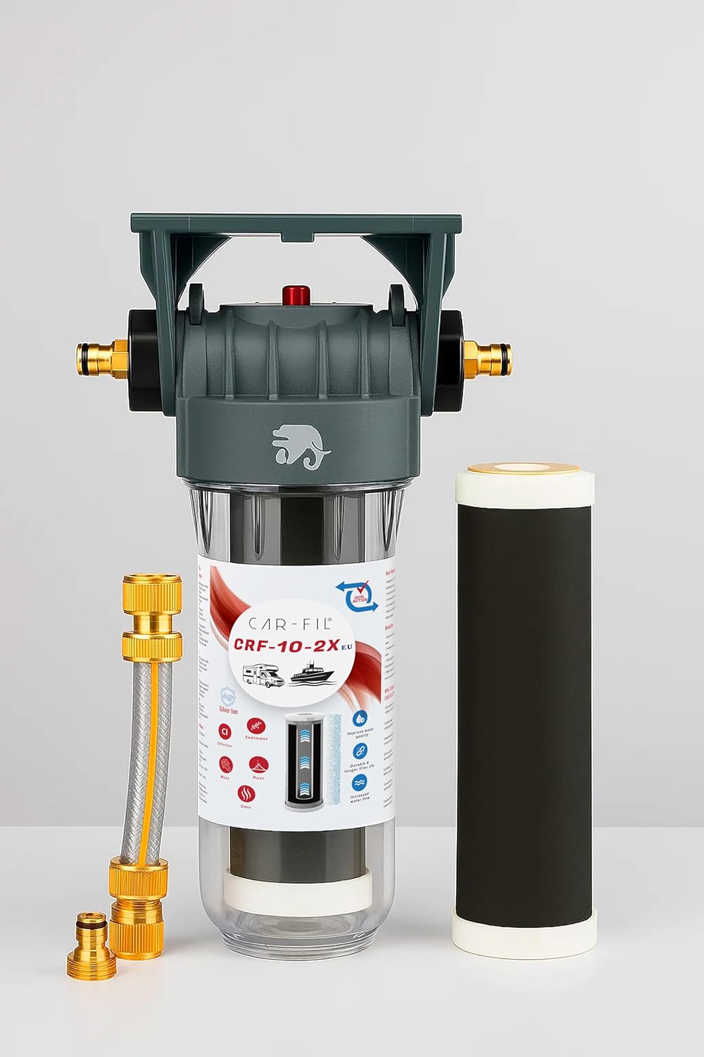 CAR-FIL CRF-10-2X-EU 10" Dual-Action Activated Carbon Water Filter | Reduces Odor, Chlorine & Sediment | For RV, Boat, Tiny Home | Garden Hose Compatible (1)