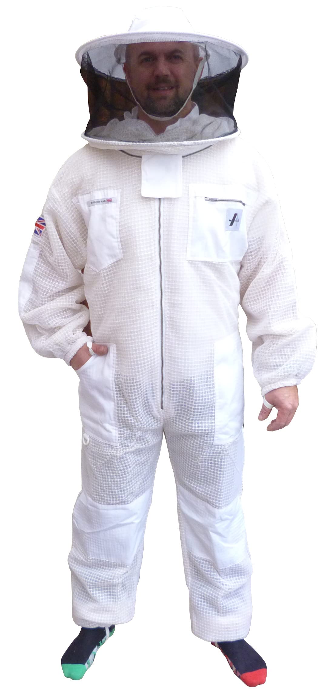 AGS Tuta da apicoltura ventilata a 3 strati con cappello rotondo a velo - Tuta integrale da apicoltura, rete traspirante, cerniere YKK, tuta da apicoltore unisex - Bianco, bianco, L