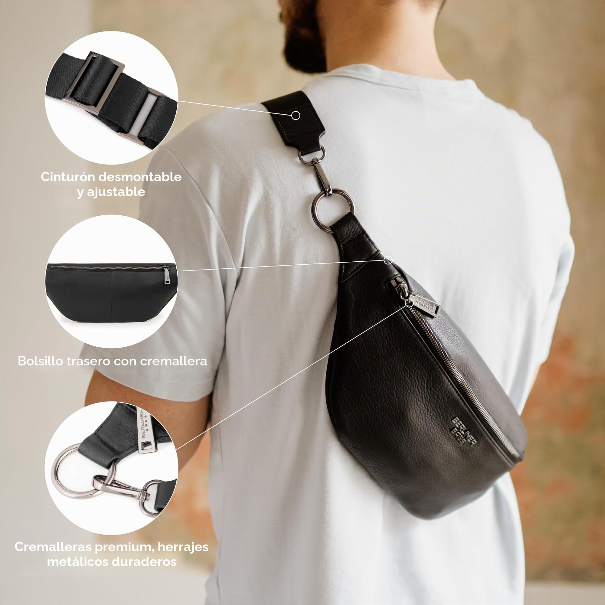 Berliner Bags Mona XL Riñonera y Bolso Bandolera de Piel Auténtica Unisex, con Cremallera YKK, Correa Ajustable y Diseño Compacto para Viajes y Uso Diario – Negro