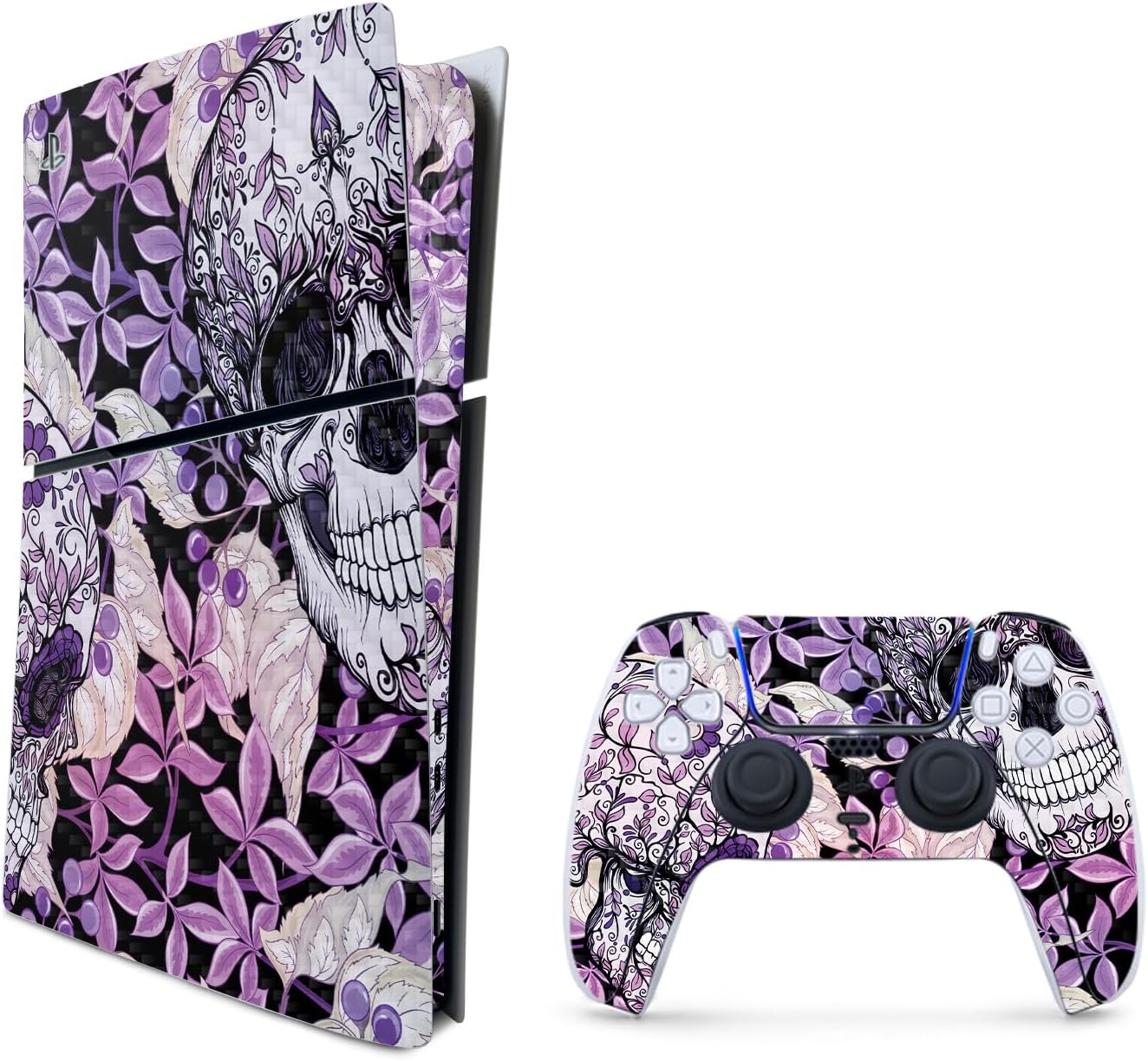 MightySkins Carbon Fiber Skin for PS5 Playstation 5 Slim Digital Edition Bundle - Flower Skull Protective, Durable Textured Carbon Fiber Finish Easy to Apply Made in The USA