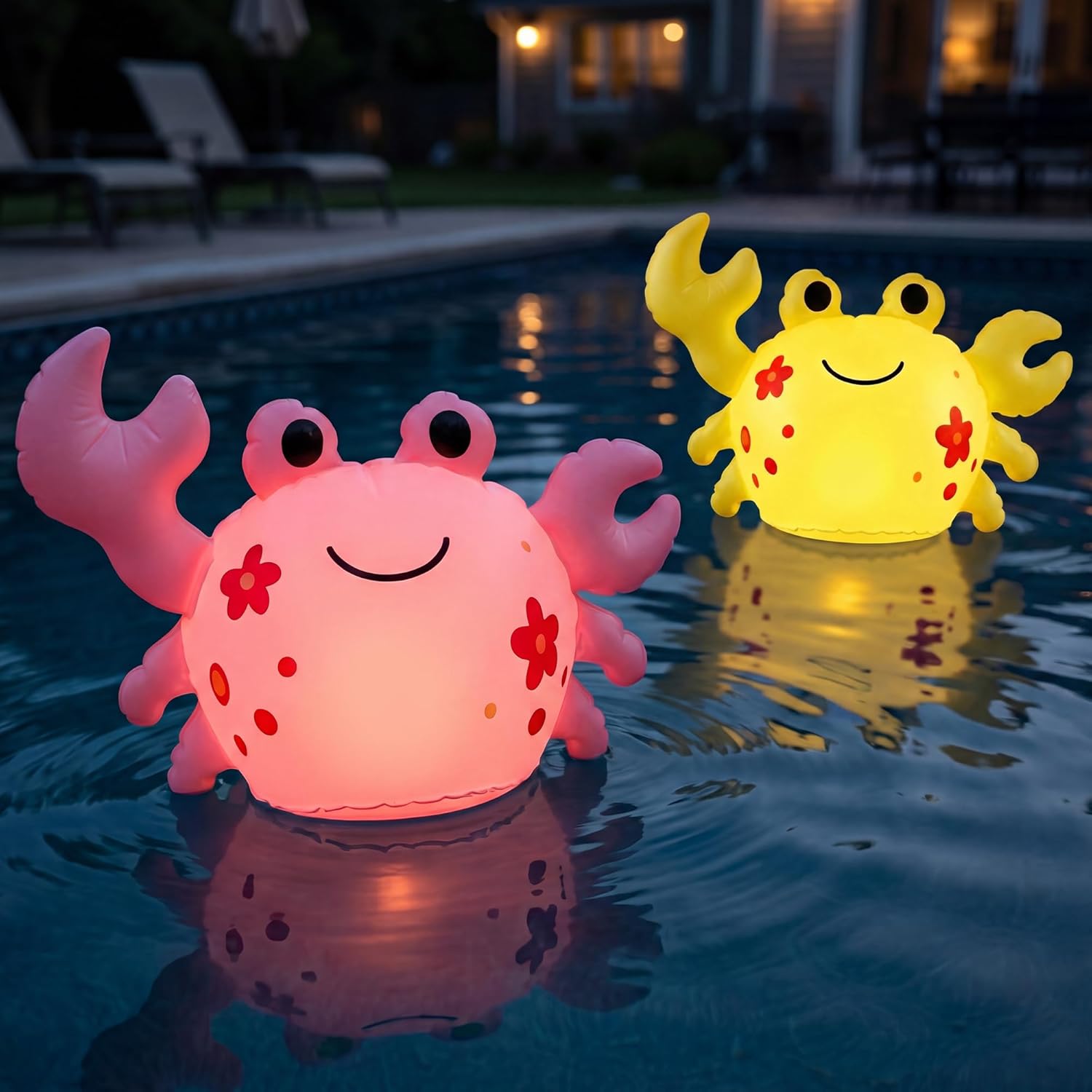 Crab Floating Pool Lights Solar Powered, 16'' Inflatable Waterproof Clownfish Solar Pool Lights that Float, Auto On/Off LED Floating Lights for Pool Garden Backyard Outdoor Decoration - (2 Piece)