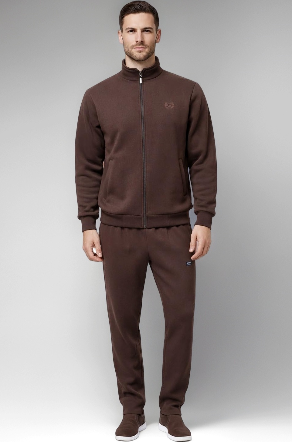 Men's Premium Fleece Winter Tracksuit, Brown, Full Zip Jacket and Pants Set, Super Warm for Sports, Gym, Jogging