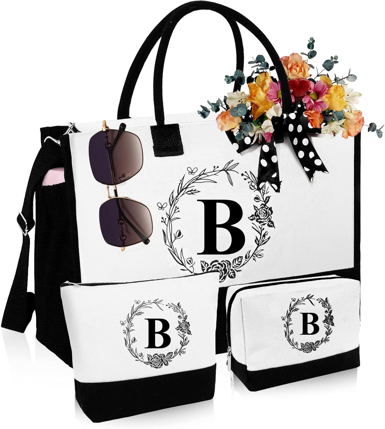Initial Canvas Tote Bag, Birthday Gifts for Women, Monogrammed Beach Tote Bag for Mom Daughter Sister