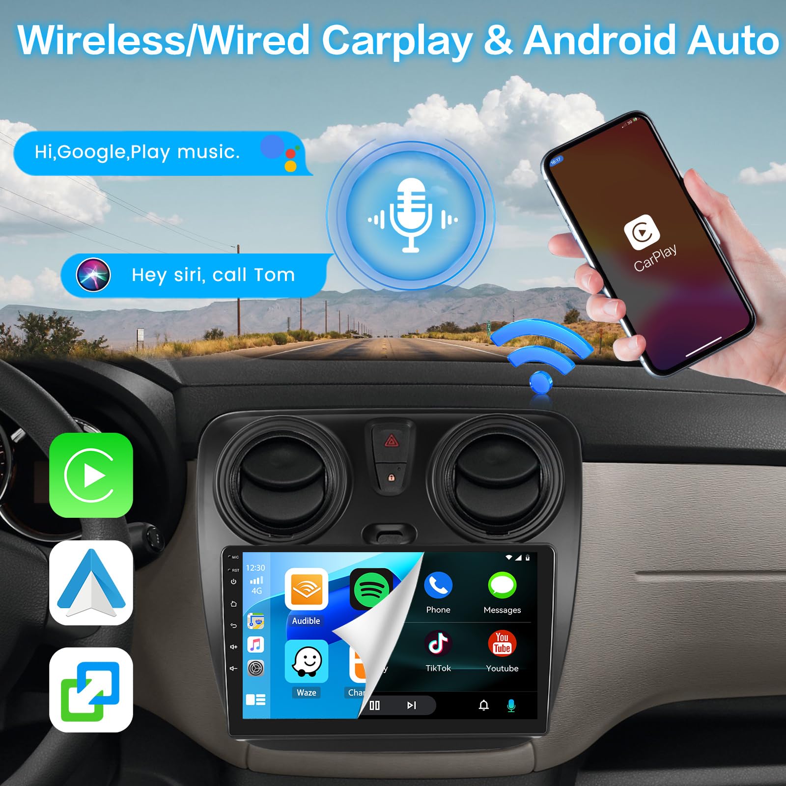 Inefala 2+64GB Android Radio de Coche para Renault Lodgy 2021, 9 Pulgadas HD de Pantalla Táctil con Wireless CarPlay Android Auto GPS WiFi BT SWC FM/RDS Canbus AHD Cámara de Seguridad Mic
