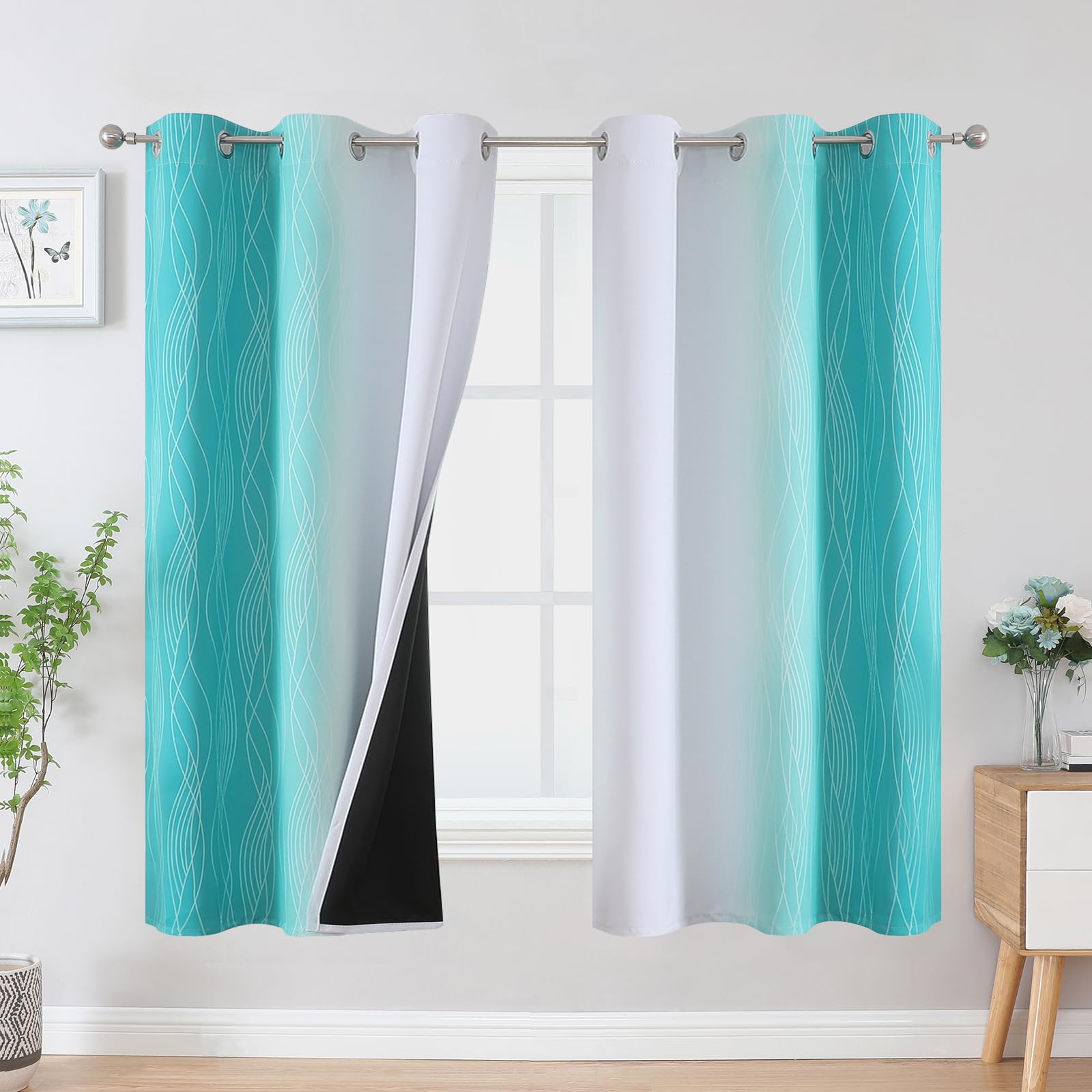 Estelar Textiler Teal and Greyish White Blackout Curtains &amp; Drapes for Bedroom, Thermal Insulated Ombre Blackout Drapes, Room Darkening Energy Saving Curtains for Living Room, 42Wx63L, 2 Panels