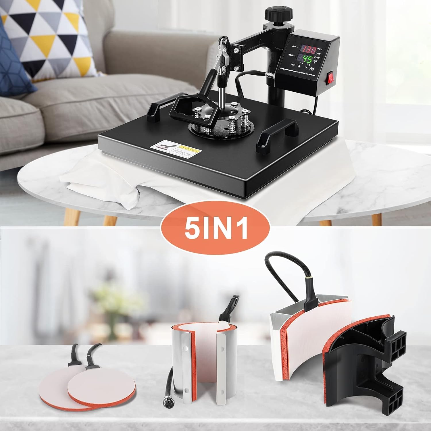 Dollate 15"x15" Heat Press Machine 5 in 1 Bundle for Shirt Printing Swing Away Pressing Vinyl Sublimation HTV Hot Teflon Transfer Combo by Tshirt,Hat, Tumbler,Plate,Mug,Clothe Maker 1400W