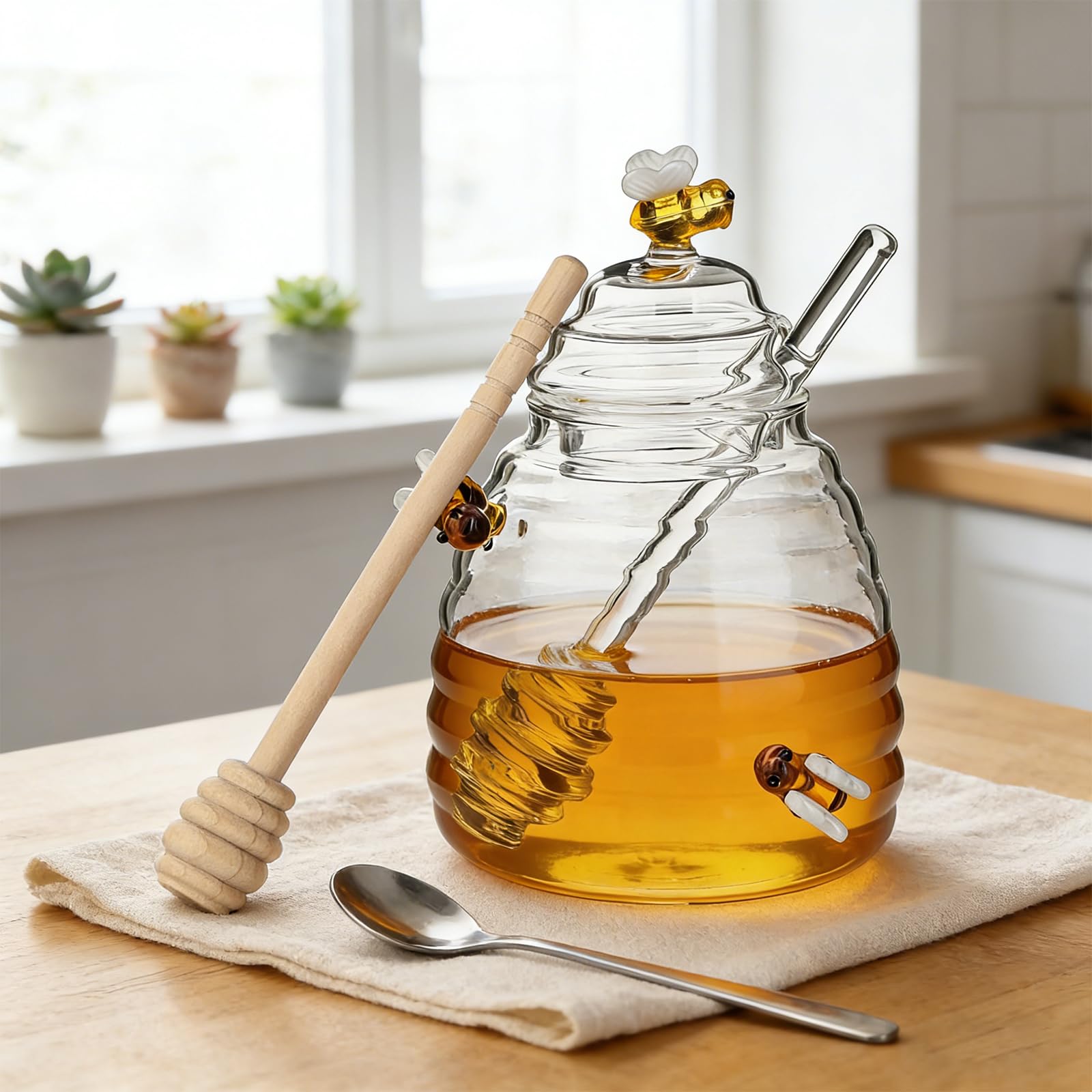 Amazon.co.jp: ハニーポット はちみつ保存容器 500ml ガラス蜂蜜罐