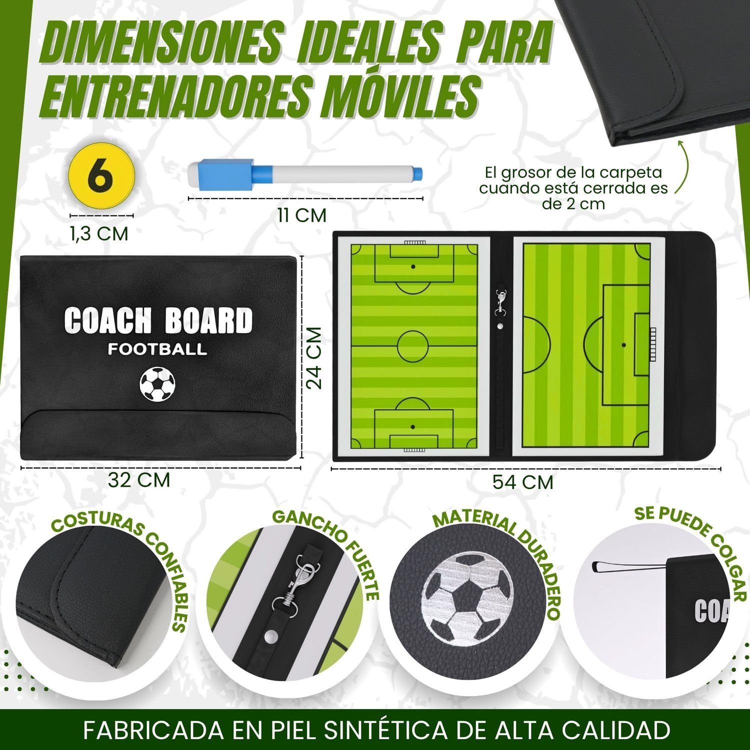 Pizarra Fútbol Entrenador 44 Fichas 3 Rotuladores Negro Azul Rojo Carpeta Entrenamiento