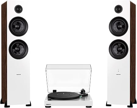 Fluance RT81 Elite High Fidelity Vinyl Turntable White with Ai81 Powered 2-Way Floorstanding Speakers White Walnut, Diamond Stylus, Belt Drive, Built-in Preamp, 150W Class D Amplifier, Bluetooth