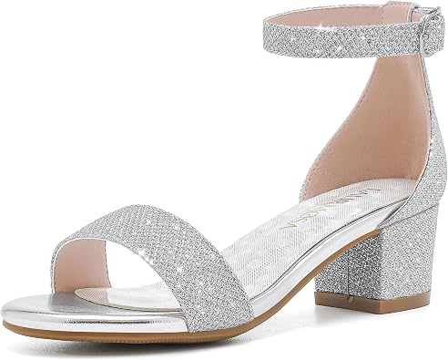 LAURMOSA Girls High Heels Sandal for Girls Open Toe Ankle Buckle Strap Dress Shoes for Little Big Kids in Wedding Party Block Chunky Pump Sandals