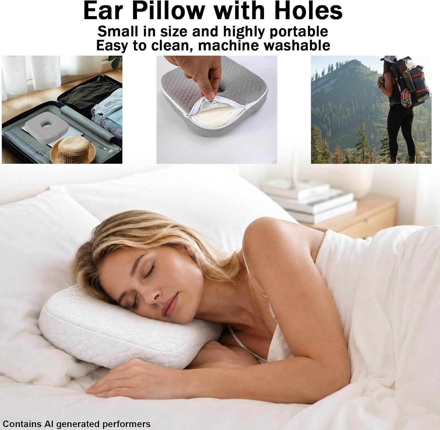 Ear Pillow with Holes, Ear Piercing Pillow for Side Sleepers, Memory Foam Earring Pillow for CNH Inflammation, Ear Pain, Ear Pressure Relief, Pressure Sores, Square (White)