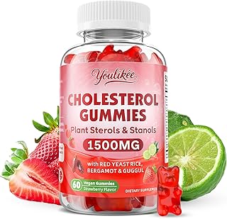Cholesterol Supplements Gummies with Plant Sterols & Stanols, Guggul, Bergamot Orange, Red Yeast Rice, Cholesterol Complex Gummies, Sugar Free, Strawberry Flavor, 60 Count