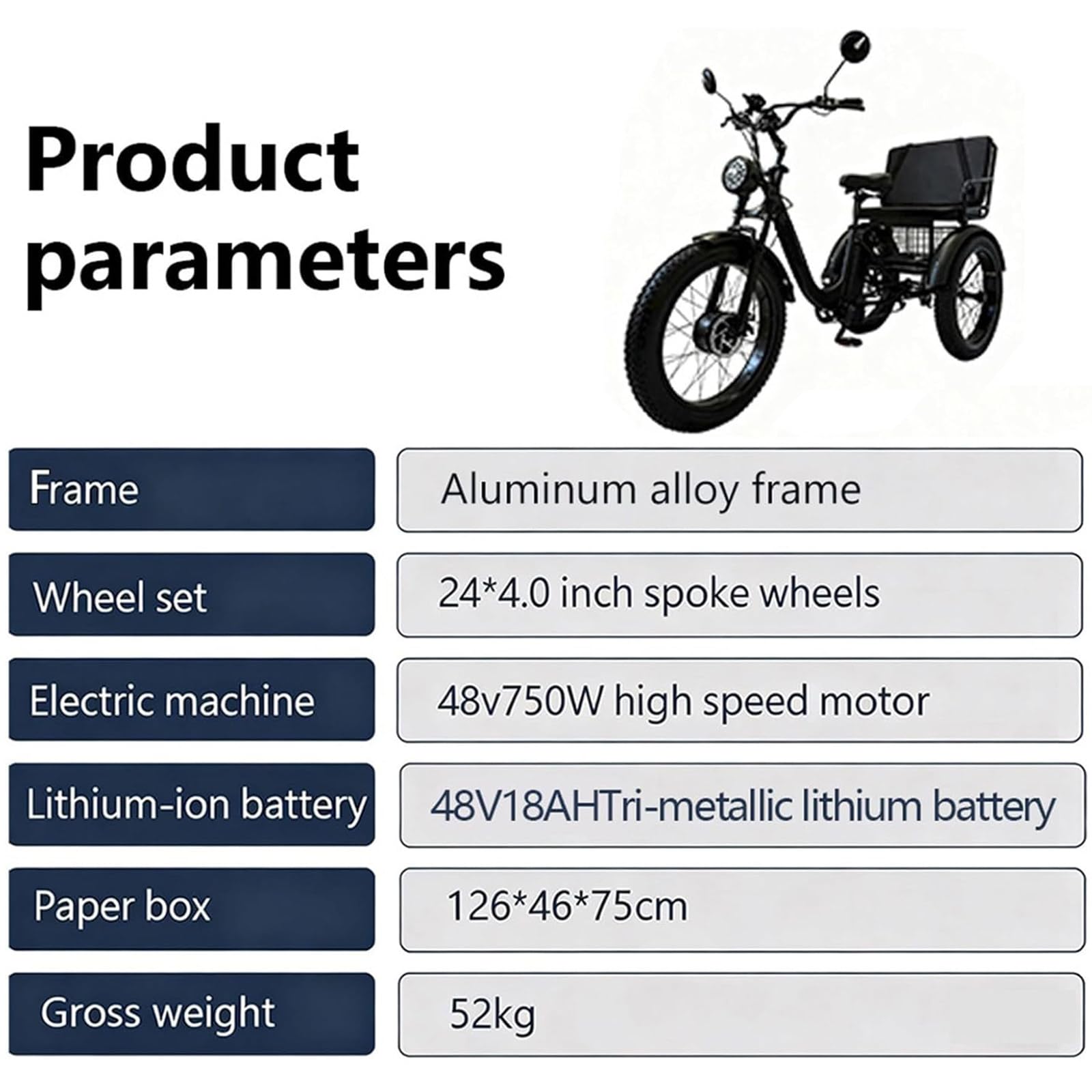 Triciclo Elettrico Da Carico, Capacità Di Carico 200 Kg, Pneumatici Larghi 24″. Triciclo Elettrico Con Sedile, Display Lcd + Faro, Doppi Freni A Disco, Per Uso Familiare Quotidiano Black