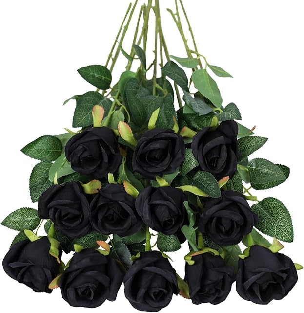 Tifuly Artificial Flowers,12 Pcs Single Long Stem Fake Rose Silk Flowers Faux Rose Bridal Bouquet Realistic Flower for Wedding Party Home Table Decoration Centerpieces(Bud Roses,Black)