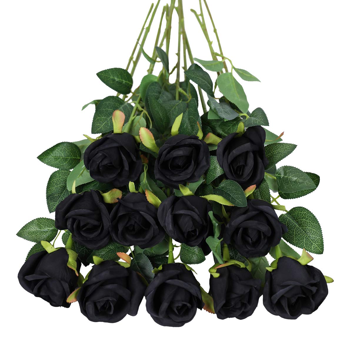 Artificial Flowers,12 Pcs Single Long Stem Fake Rose Silk Flowers Faux Rose Bridal Bouquet Realistic Flower for Wedding Party Home Table Decoration Centerpieces(Bud Roses,Black)