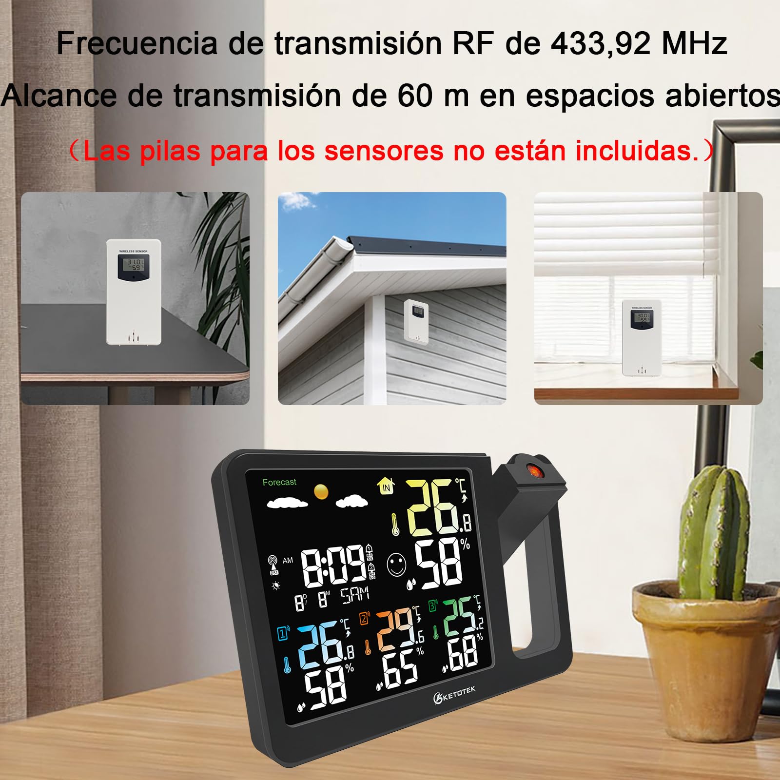 KETOTEK Despertador digital de radio con proyección estación meteorológica | termómetro interior y exterior, higrómetro, monitor de temperatura y humedad, previsión meteorológica con 3 sensores