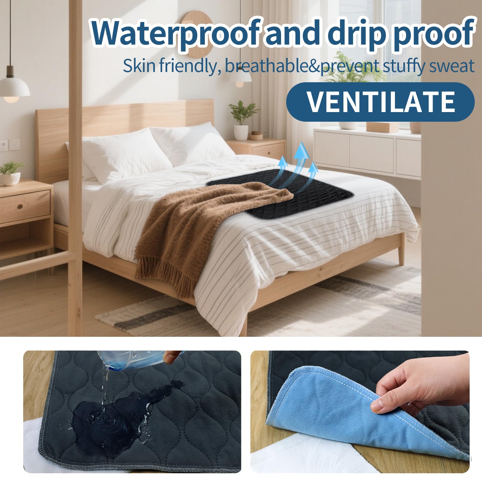 Lot de 4 Alèses Lavables Anti-fuites 50x50cm, Coussin Imperméable Haute Absorption pour Incontinence Protection Siège pour Fauteuil Roulant Chaise Canapé Auto (Noir)