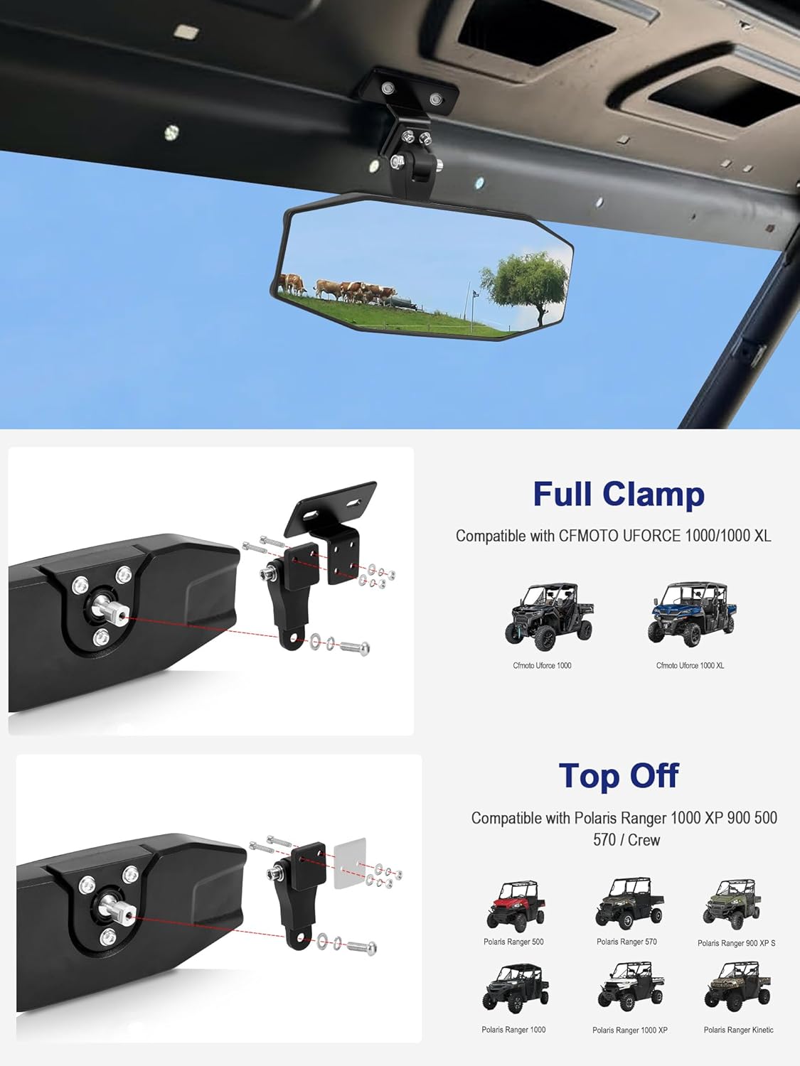 Upgreaded UTV Rearview Mirror Compatible with CFMOTO UFORCE 1000/1000 XL & Polaris Ranger 1000 XP 900 XP 500 570 / Crew, Solid Stable & Wide View Convex Uforce Center Rearview Mirror - Image 2