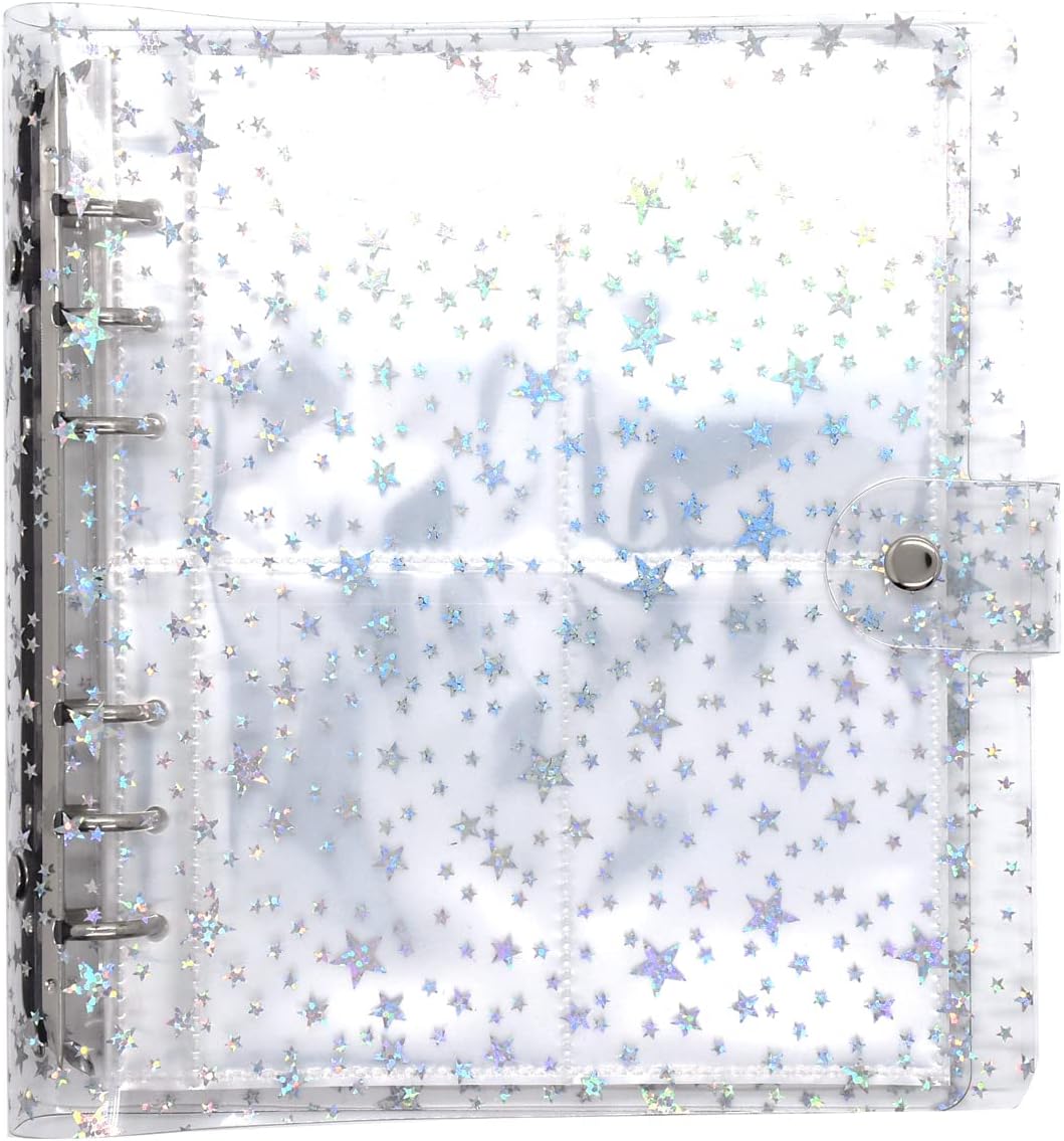 Clear Glitter PVC 3'' Photos Pictures Album Books for Instax Fujifilm Camera, Kpop Photocard Name Card Holder 6 Rings Binder Cover Refillable Notebook(200Pockets) (3'', Clear star)