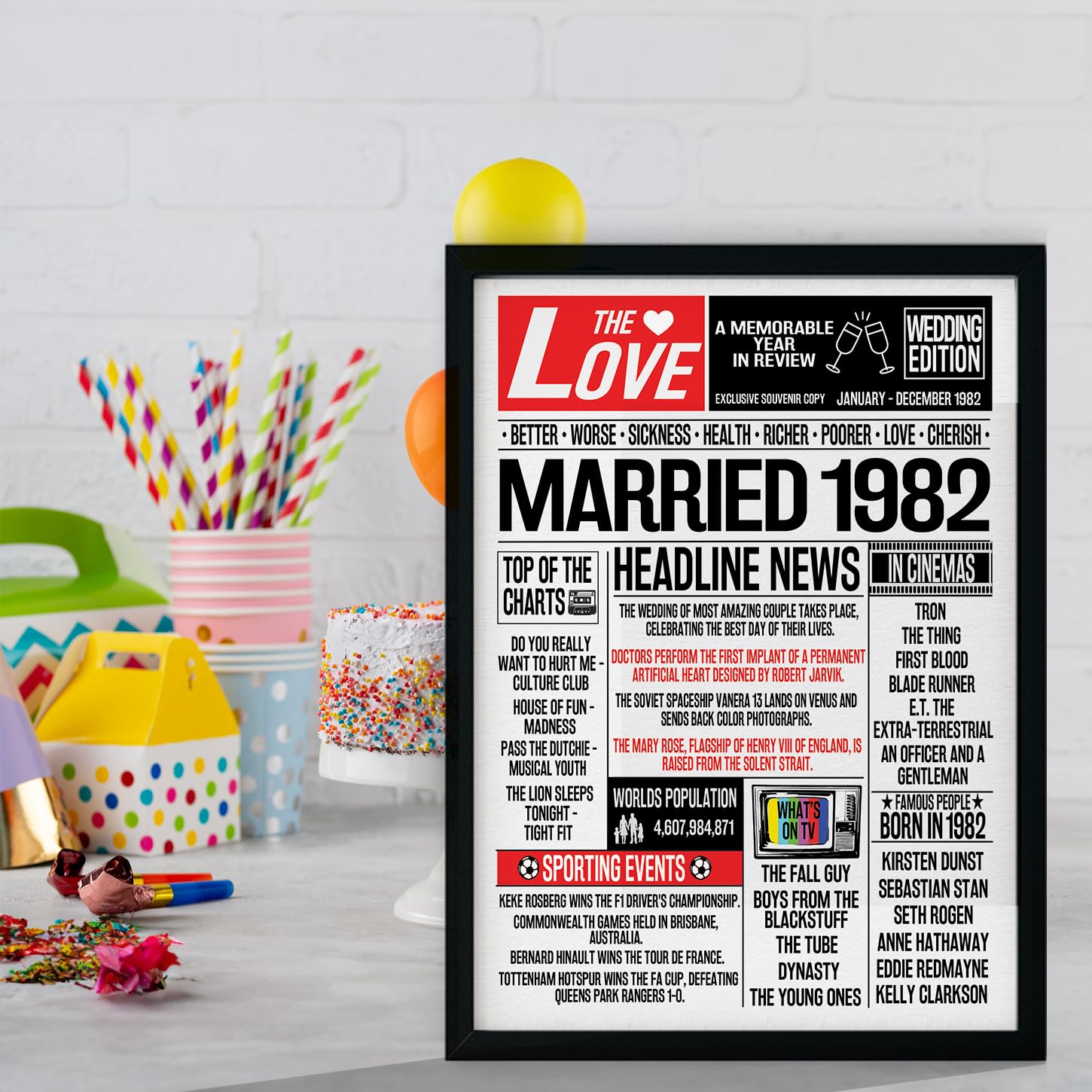 Stuff4 44th Anniversary Poster Framed, Married In 1982 Newspaper - Image 4