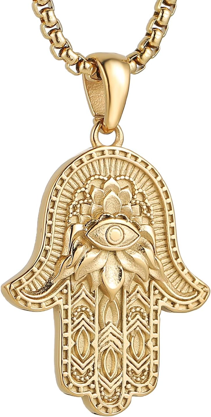 AsAlways Stainless Steel Hand of Fatima Pendant Vintage Amulet Charm Relief Carving Evil Eye Hamsa Hand Necklace Religious Gifts