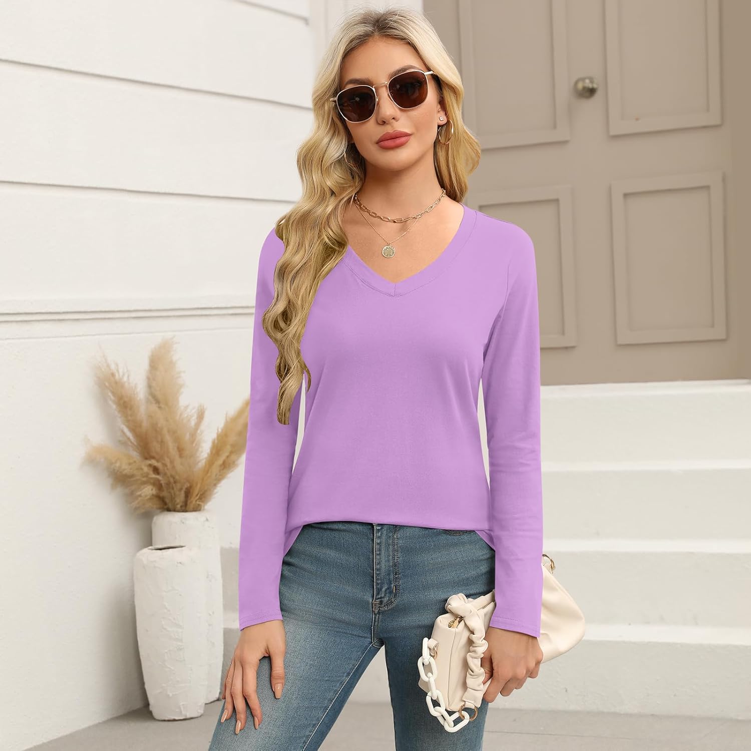 Elesomo Long Sleeve Shirts for Women Cotton Tshirts V Neck Spring Tops Basic Tee - Image 3