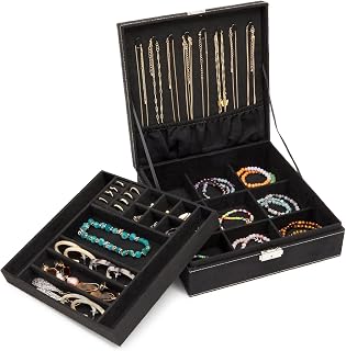 Juvale Jewelry Box - 10.5 x 10.5 x 3.5 in, Black Velvet - Locking 2-Layer Travel Jewelry Organizer & Earring Holder, Necklace Organizer & Decorative Tray