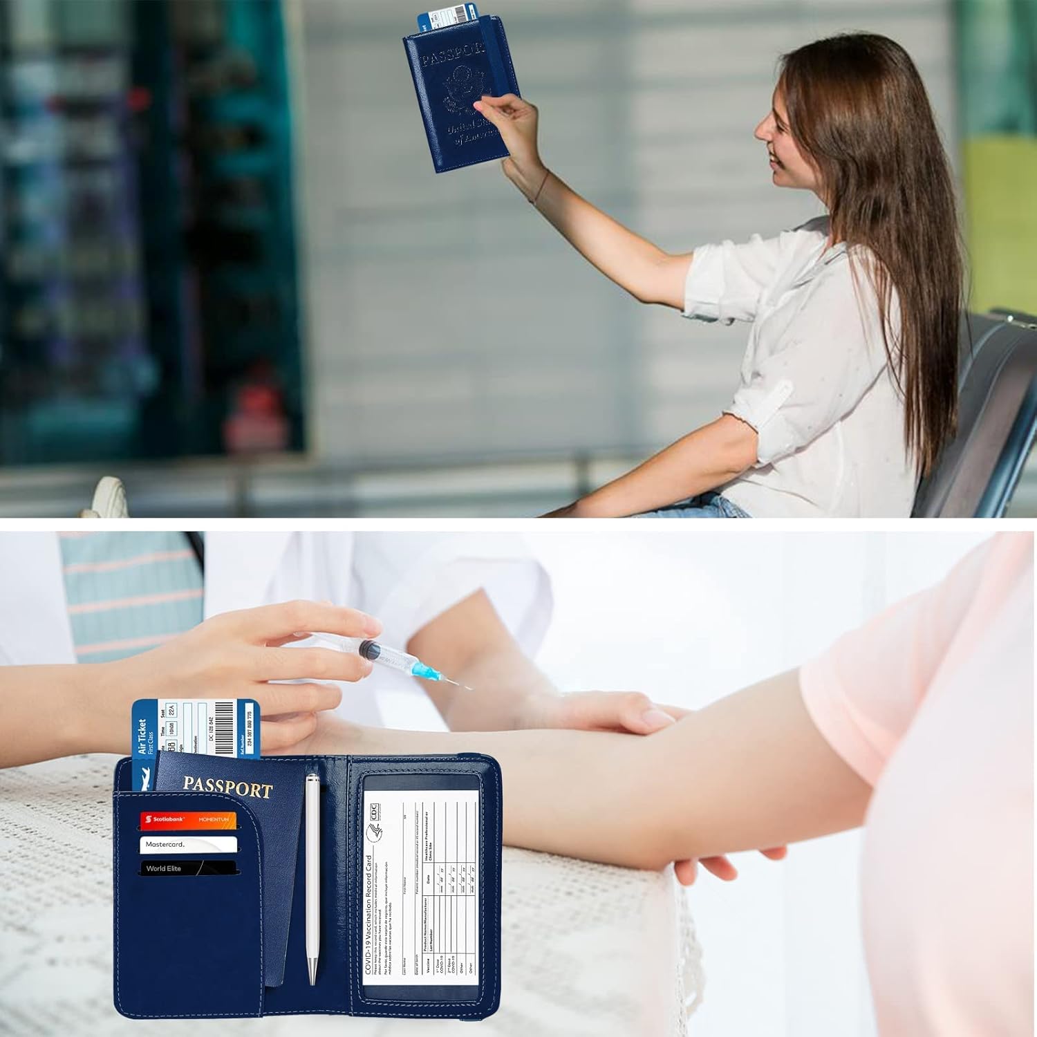  | Zoppen Passport and Vaccine Card Holder Combo, Passport Holder Cover Case with Vaccine Card Slot Fits 4.3 X 3.5 inches Vaccine Card, Travel Essentials Document Organizer Protector Rfid Blocking Travel Wallet for Women and Men Navy Blue | Passport Covers