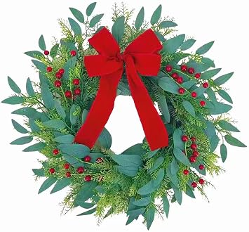 20 Inch Christmas Wreath for Front Door,Artificial Realistic Green Leaves with Red Bow, Used for Window, Wall, Porch, and Other Indoor and Outdoor Home Decorations