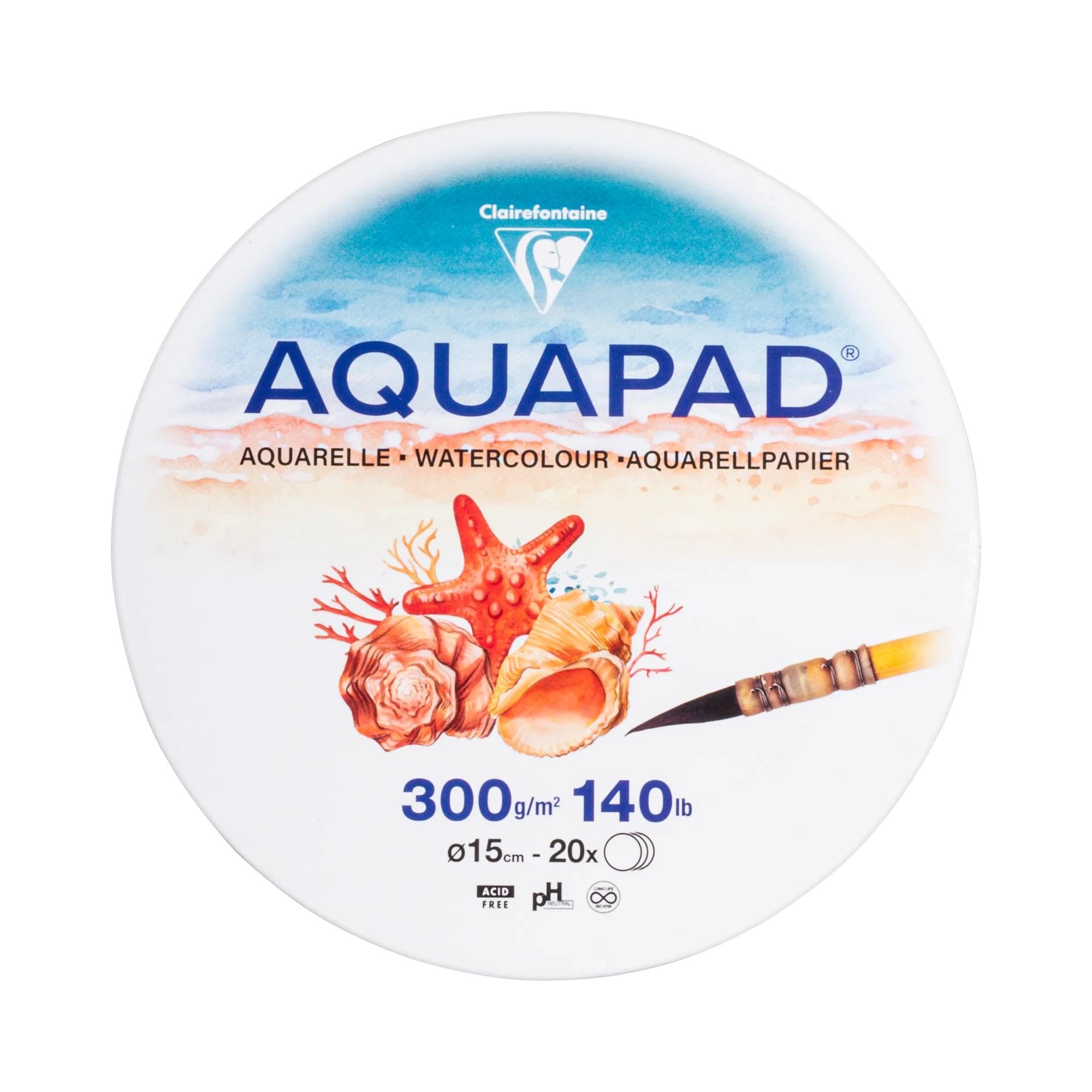 Clairefontaine 976072C Aquapad Fogli Rotondi Confezione Ø15cm 300g - 20 Fogli Carta per acquerello bianca Grana media fine