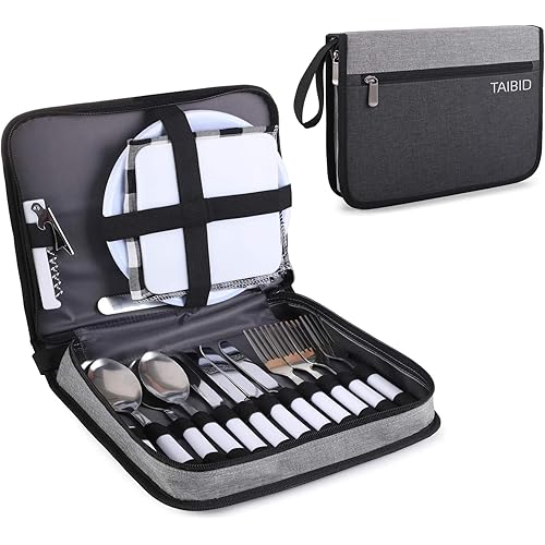 BRONZY TAIBID Picnic Set Camping Cutlery Organizer 4 Person Dinnerware Set - 24pcs Eating Set with Plates,Spoons,Knives,Wine Opener,Forks,Napkins (Black)