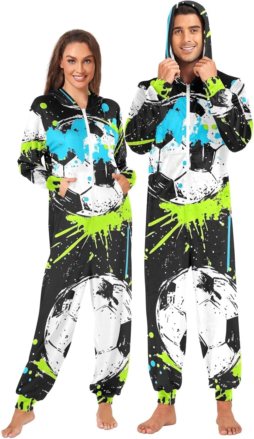 GAIREG Soccer Ball Splash Adult Onesie Pajamas Jumpsuit, Soft Hooded One Piece Sleepwear for Men Women