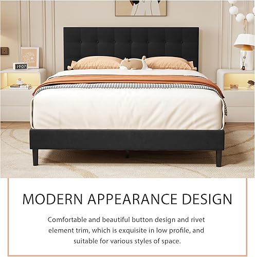 Miniatura 4 de alazyhome Base de cama tapizada de tamaño matrimonial con cabecero de lino capitoné con botones, soporte de listones de madera, fácil montaje, no