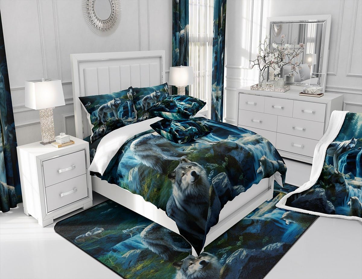 Feelyou Wolf Bedding Set Queen, Wolves Howling Duvet Cover 100% Cotoon for Kids Silent woles Comforter Cover Animal Wolves Bedspread Cover Bedding Collection 3Pcs
