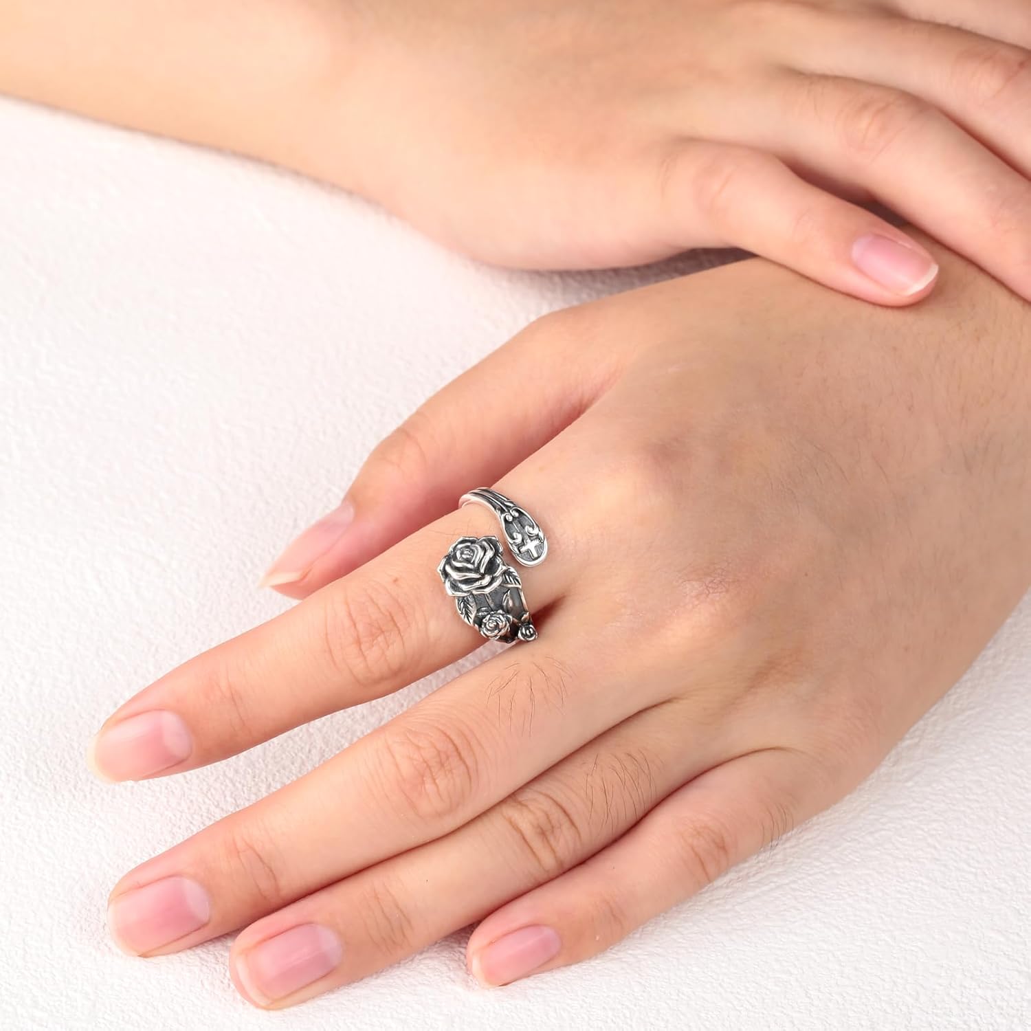 Sariel 925 Sterling Silver Spoon Ring - Vintage Adjustable Rose Flower Spoon Rings for Women Flower Wide Thumb Ring - Image 5