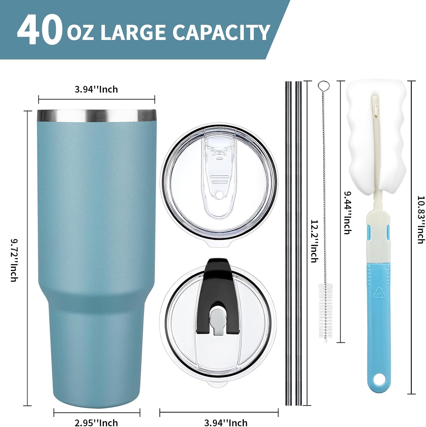40 oz Tumbler with Lids and Straws, Stainless Steel Insulated Coffee Tumbler, Double Wall Vacuum Insulated Travel Mug Cup, Leakproof Thermal Coffee Cup for Hot and Cold Drinks (azure blue) - Image 2