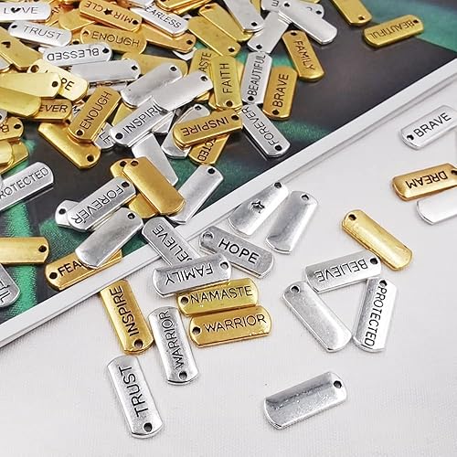 Miniatura 8 de DLAND 100 dijes de joyería inspiradores a granel, oro y plata grabados para pulseras, collares, llaveros (suministros de fabricación de joyas con