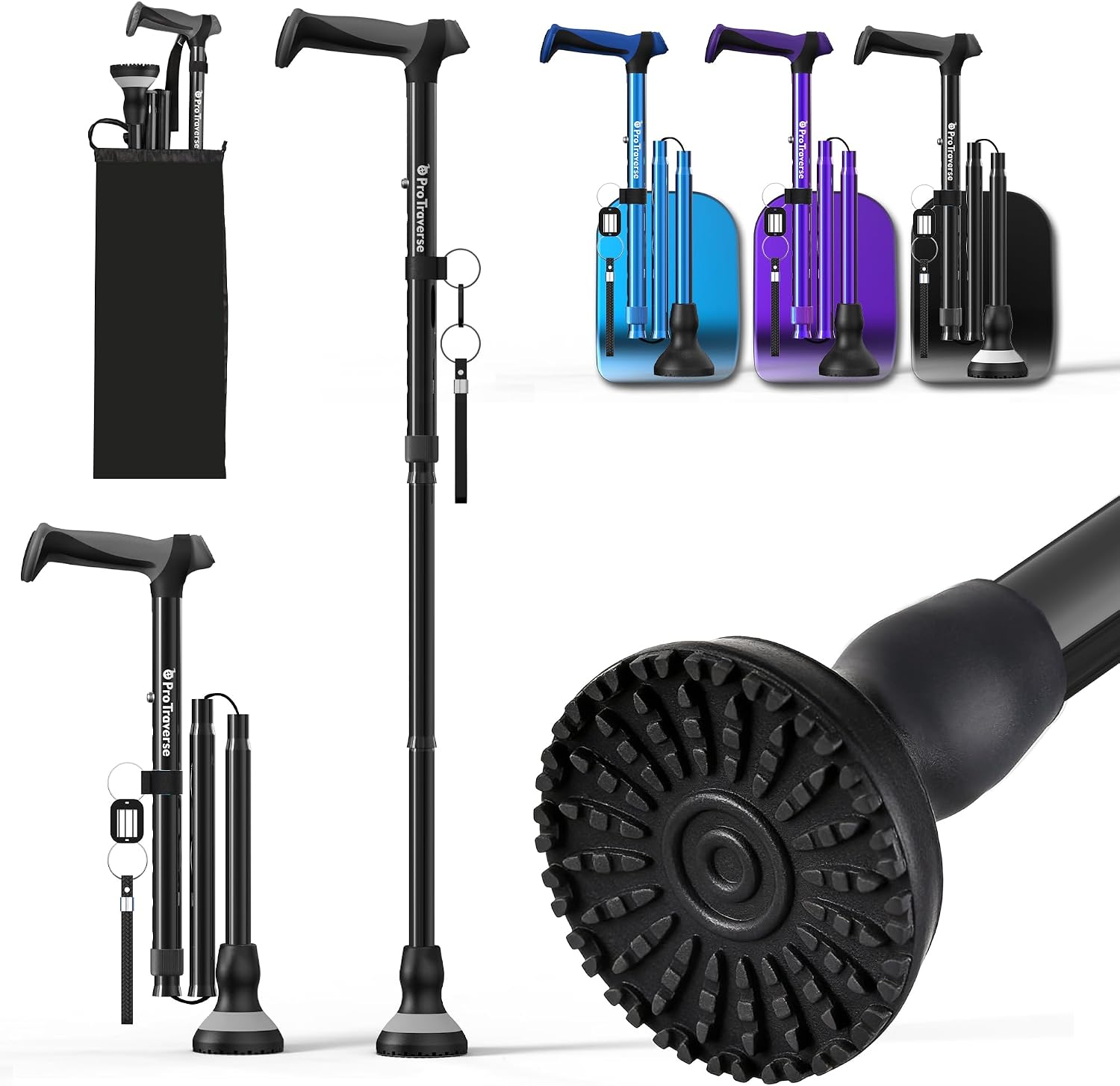 ProTravrese Walking Cane - Foldable, Adjustable, Collapsible Walking Canes for Men & Women, Heavy Duty All Terrain Tip, with Travel Bag | Walking Sticks for Seniors & Adults with Wrist Strap&Tag,Black
