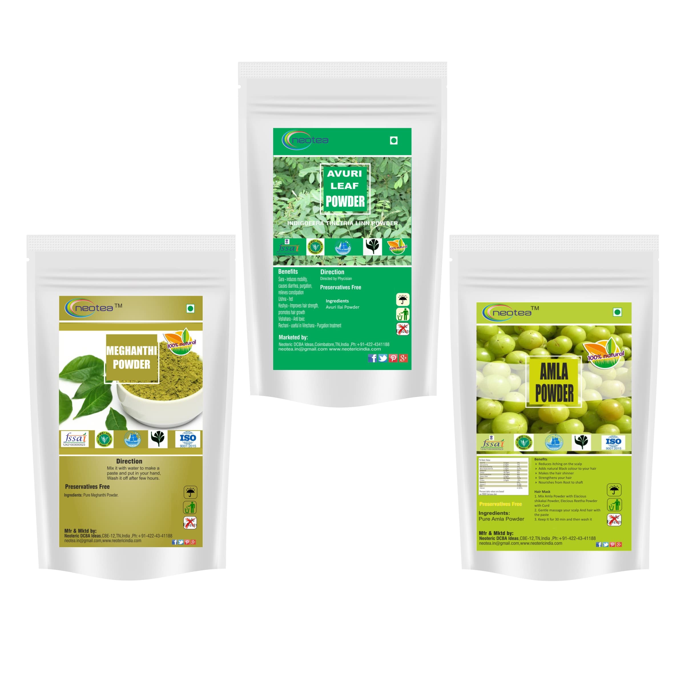 Pure Avuriilai Powder, Herbal Henna Powder, Amla Powder Each 100 gm Combo Pack