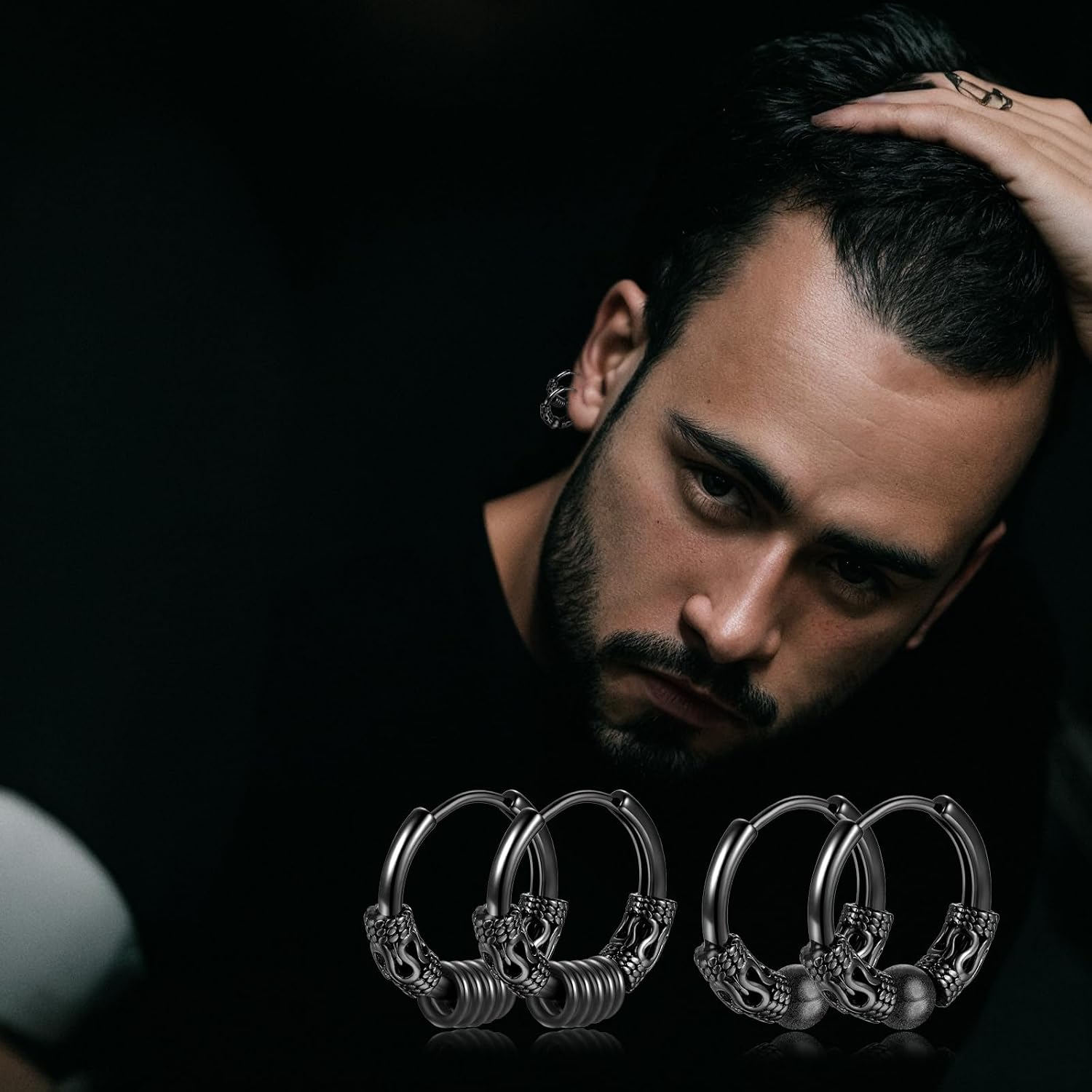 Vintage Black Huggie Hoop Earrings of Men Women 14mm 12mm HipHop Punk Gothic Earring Set-4Pairs