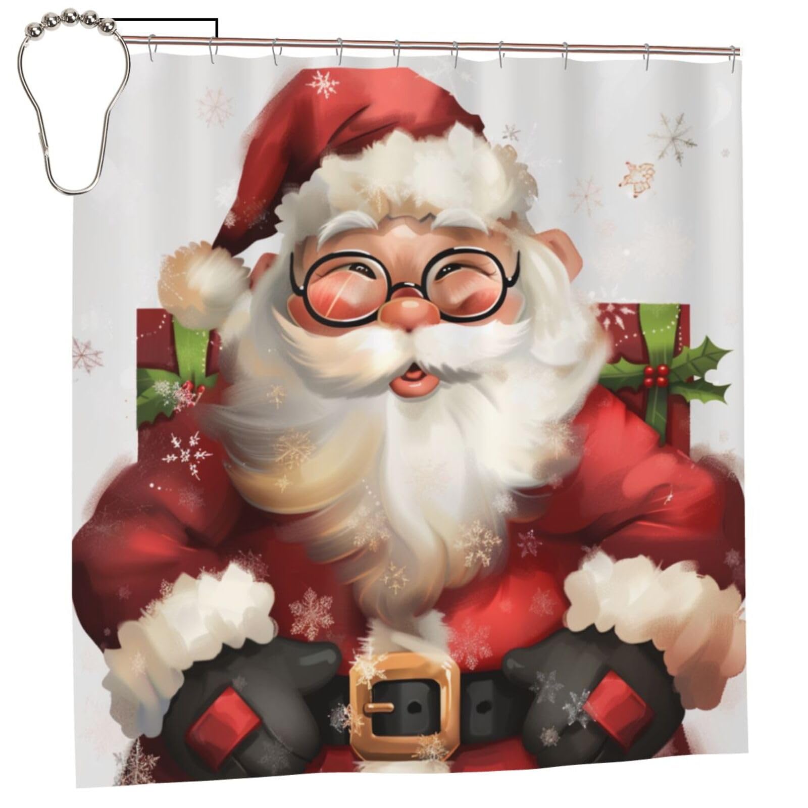 BWWHCCTI Cute Santa Claus Printed Shower Curtain With 12 Iron Hooks Opaque Quick Drying Waterproof Shower Curtains Sets For Bathroom 183x183 CM